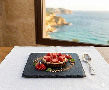 Tartelette aux fraises de Plougastel face à l'océan au restaurant La Dernière Lame à Sauzon.