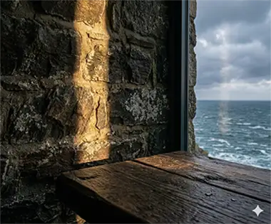 Lumière s'engouffrant par l'ouverture de la fenêtre du restaurant La Dernière Lame à Sauzon.
