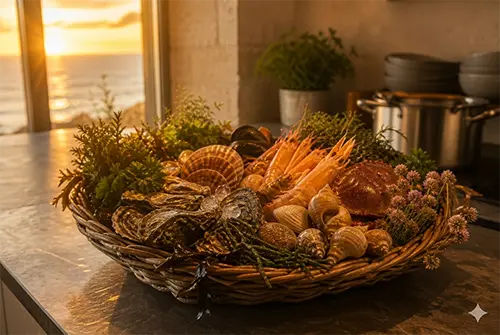 Panier de fruits de mer frais au restaurant La Dernière Lame à Sauzon.